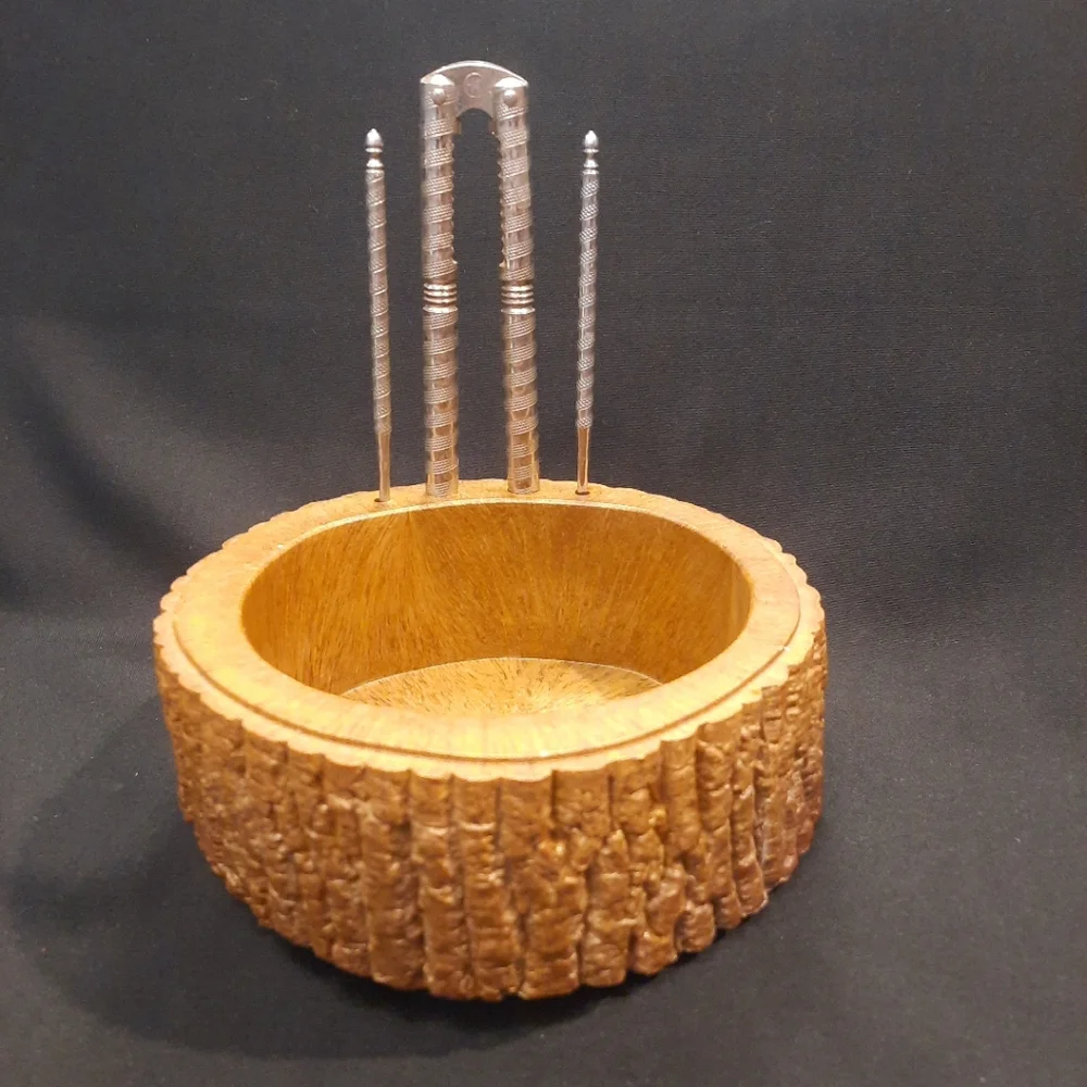 Faux Tree Bark Nut Bowl Dish w/Metal Nut Cracker & 2 Picks